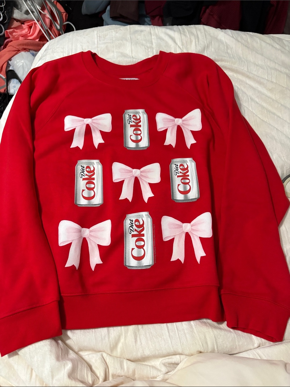 Old Navy Red Crewneck Sweatshirt with Pink Bow & Diet Coke Can Motif